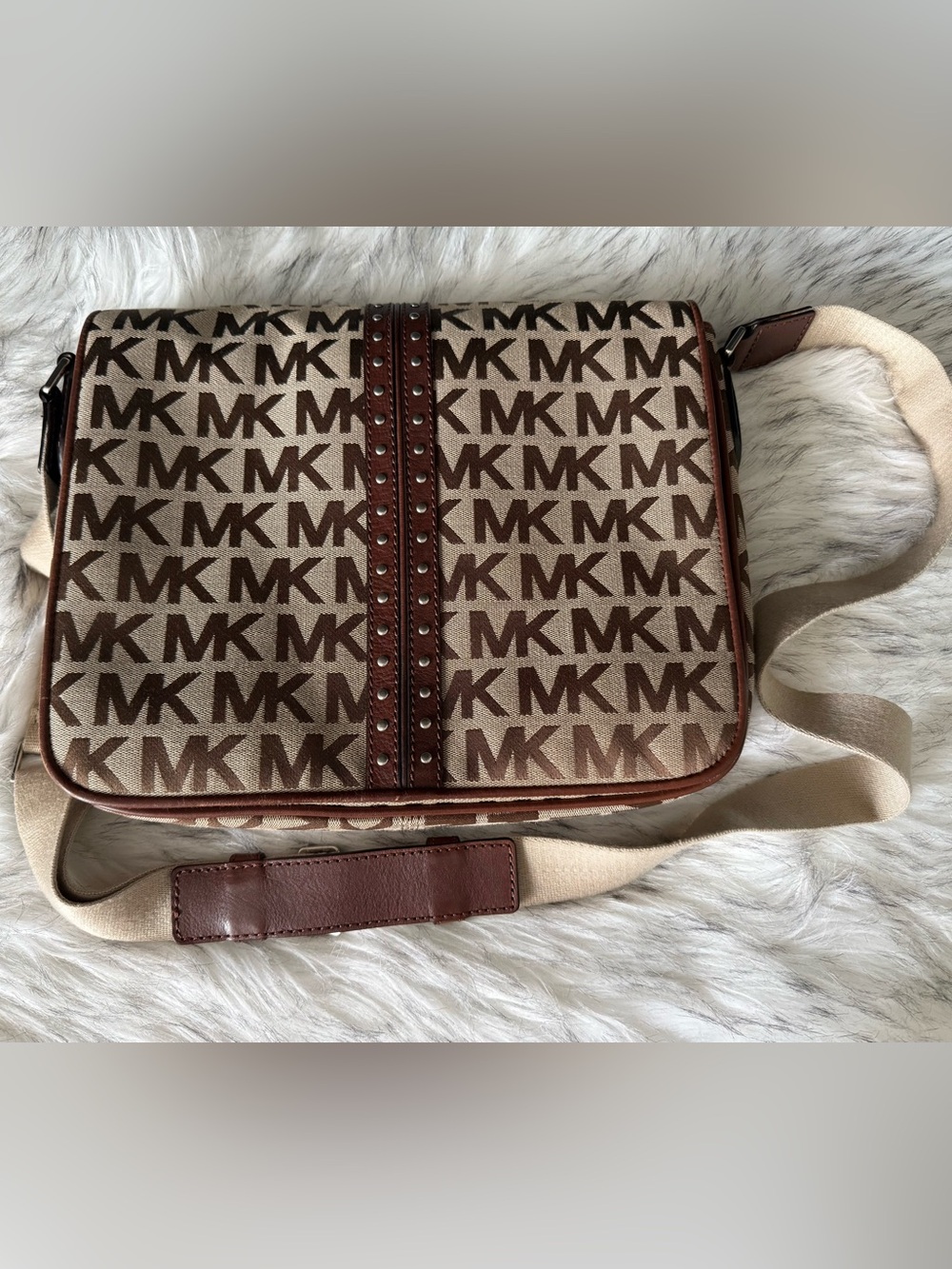 Michael Kors Brown MK Monogram Messenger Bag with Studded Trim